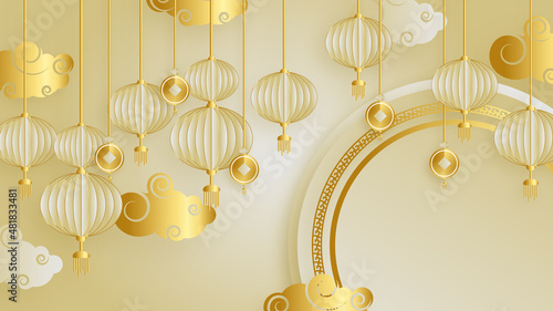 Modern 3d gold chinese china background with lantern, lamp, border, frame, pattern, symbol, cloud, rigid fixed fan and flower.