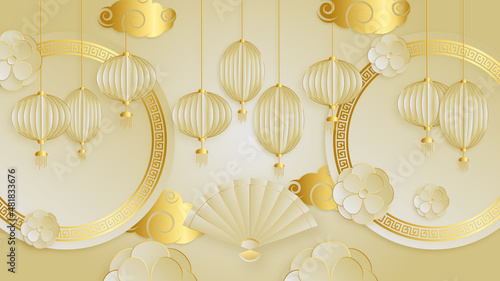 Modern 3d gold chinese china background with lantern, lamp, border, frame, pattern, symbol, cloud, rigid fixed fan and flower.