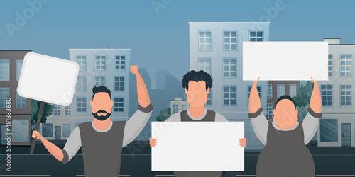 A group of men with banners are protesting. Cartoon style. Vector illustration.
