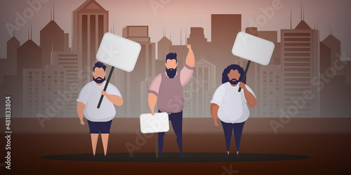 A group of men with banners in their hands are protesting. Prosky style. Vector illustration.
