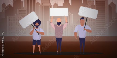 A group of men with banners in their hands came out to protest. Prosky style. Vector illustration.