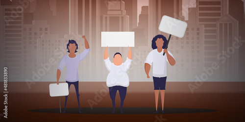 A crowd of guys with banners are protesting. Cartoon style. Vector illustration.