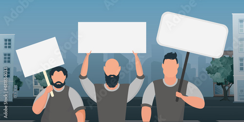 A crowd of guys with banners in their hands are protesting. Cartoon style. Vector illustration.