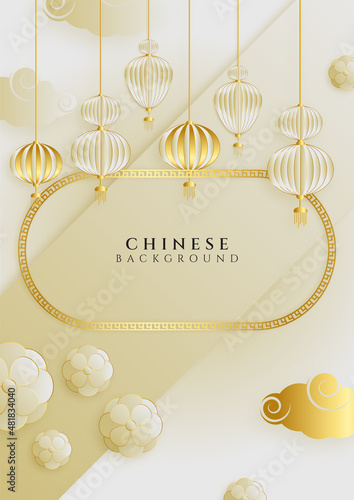 Modern 3d gold chinese china background with lantern, lamp, border, frame, pattern, symbol, cloud, rigid fixed fan and flower.