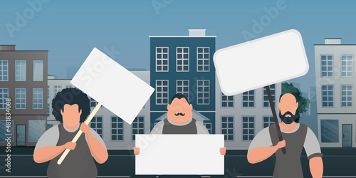 A crowd of guys with banners in their hands are protesting. Prosky style. Vector illustration.