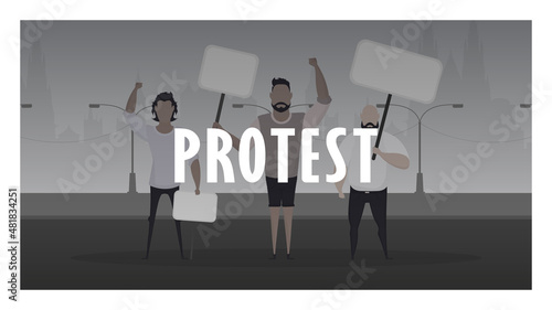 Protest banner. A crowd of guys with banners in their hands came out to protest. Prosky style. Vector illustration.