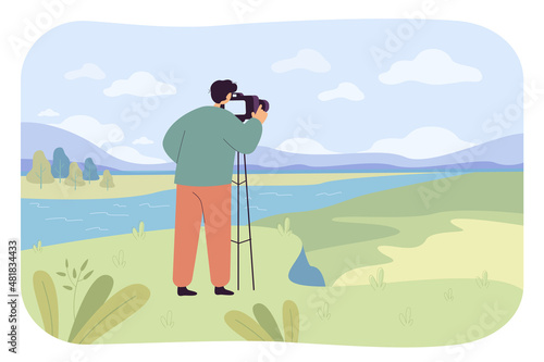 Cartoon photographer taking picture of seaside landscape. Male character with camera on tripod outdoors flat vector illustration. Nature, photography concept for banner, website design or landing page