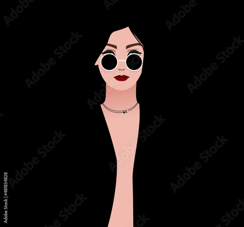A fashion portrait of a glamorous elegant woman in black in gothic style clothing with sunglasses on. Vector flat minimalist illustration with a negative space. 