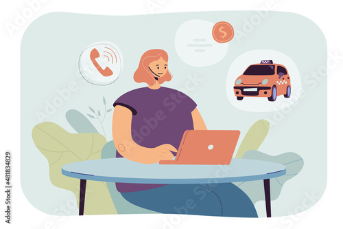 Online work of taxi service dispatcher with headset. Woman taking cab orders, payments from passengers from booking application, working with laptop flat vector illustration. Business, travel concept