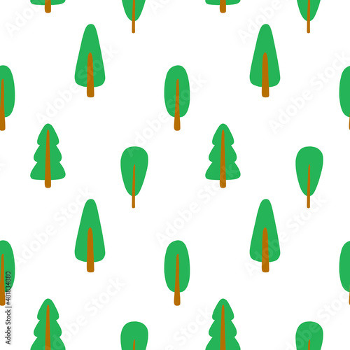 Vector seamless pattern with green trees. Cartoon illustration for fabric, textile, wallpaper, background. Forest, park, outdoor.