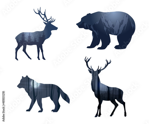 Wild animals silhouette with double exposure effect. Deer, wolf, bear with forest and mountains elements. Vector illustration
