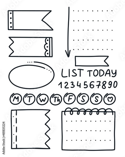 Set tickers and elements for planner doodle style. Hand drawn details for highlighting and embellishing text. Collection decorate diary vector illustration