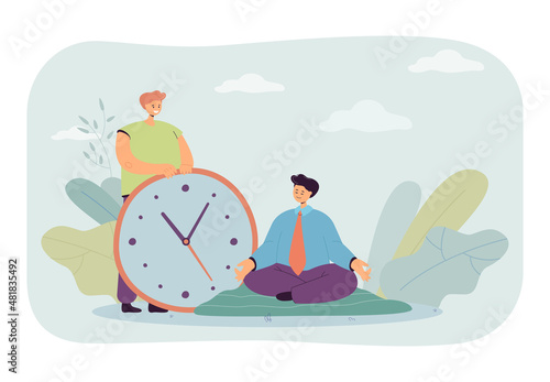 Calm businessman meditating while taking break from work. Office worker holding big clock flat vector illustration. Relaxation, meditation concept for banner, website design or landing web page