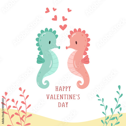 Cute cartoon seahorses in love. Concept for Valentine's Day. Vector illustration, isolated on a white background.