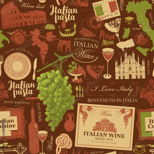 Seamless pattern on the theme of Italy and Italian cuisine on a brown background in retro style. Repeating vector background. Suitable for wallpaper, wrapping paper or fabric design