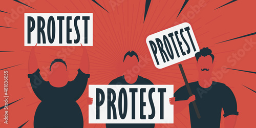 Boy with a banner in his hands and text protest Pop art Flat style. Vector