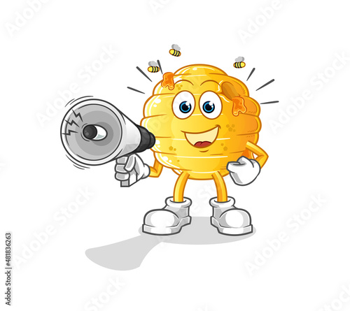 honeycomb holding hand loudspeakers vector. cartoon character