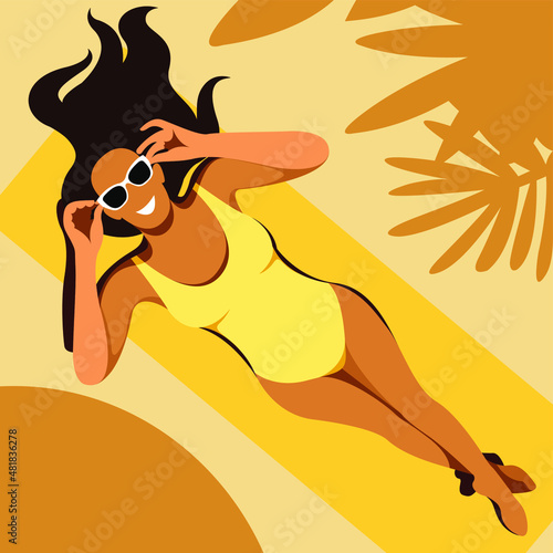 vector illustration on the theme of summer holidays. beautiful tanned girl in a yellow swimsuit sunbathes on the beach in the shade of palm tree. useful for summer holidays, resorts, hotels, beaches.
