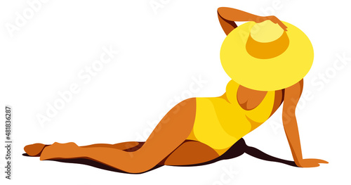 vector illustration on the theme of summer holidays. beautiful tanned girl in a yellow swimsuit sunbathes on the beach in the shade of palm tree. useful for summer holidays, resorts, hotels, beaches.