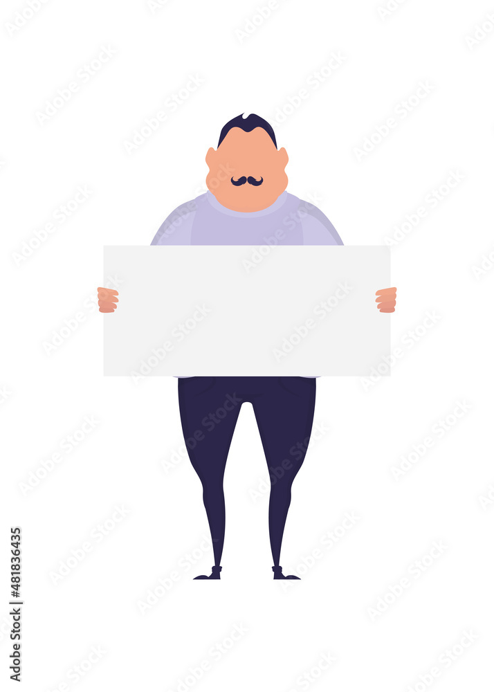 A man with a blank banner in his hands isolated on a white background. Pop art cartoon style. Vector illustration. A man with a blank banner in his hands isolated on a white background. Pop art cartoon style. Vector illustration.