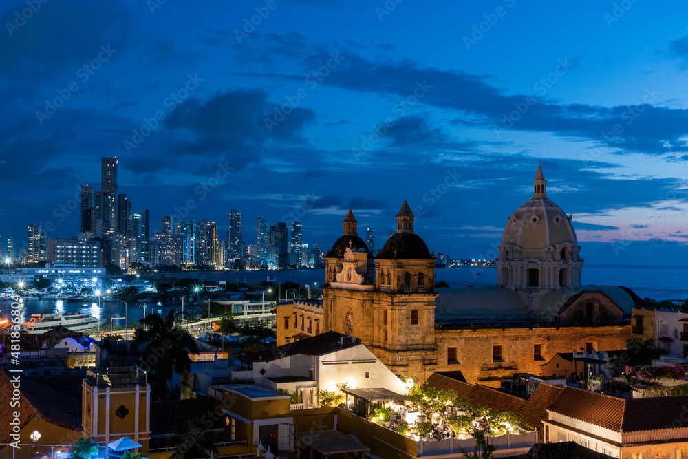 Cartagena, Bolivar, Colombia. November 3, 2021: Sunset in the city and urban view.
