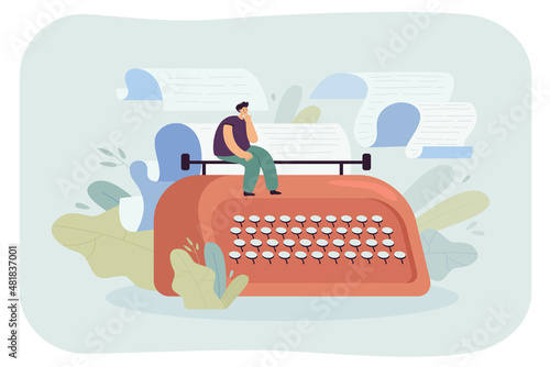 Author thinking over script, writing screenplay on drafts. Tiny male screenwriter sitting on vintage typewriter with paper in process of art creating flat vector illustration. Writers job concept