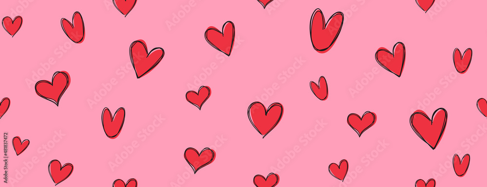 Hand drawn heart banner valentine day vector. Abstact red hearts on pink background. Valentin day seamless pattern wallpaper. Love concept.vector illustration.