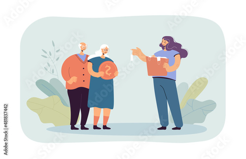 Senior couple buying face masks from girl with box. Old woman holding gold coin flat vector illustration. Health, elderly care, coronavirus concept for banner, website design or landing web page
