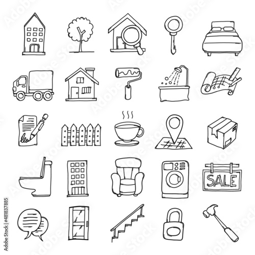 Real Estate Doodle vector icon set. Drawing sketch illustration hand drawn line eps10