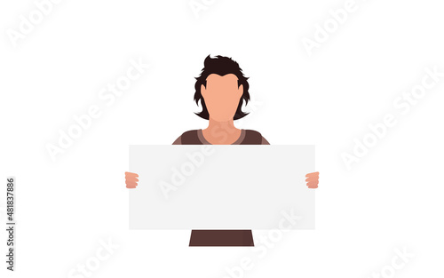 A man with a blank banner in his hands isolated on a white background. The guy is protesting. Vector illustration. © Javvani