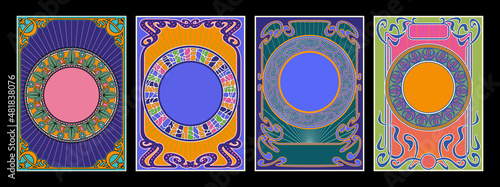 Psychedelic Art Nouveau Backgrounds, Mosaic Ornaments, Retro Decor, 1960s Psychedelic Colors