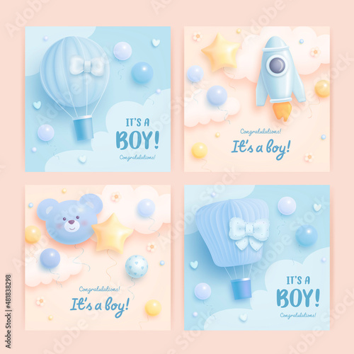 Set of baby shower invitation with cartoon rocket, hot air balloon, helium balloons and flowers on blue and beige background. It's a boy. Vector illustration