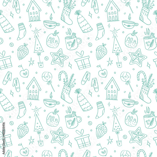 Seamless christmas pattern with elements in doodle style: presents, lollipops, oaks, ribbons, stars, confetti, houses and other decorations. Vector holiday background. New Year mood.