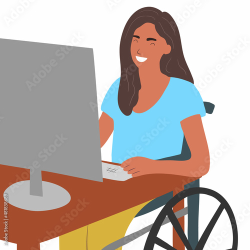 A disabled woman in a wheelchair works in the office. The concept of inclusion and diversity in society. Vector illustration