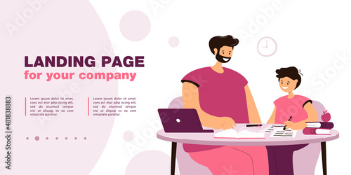 Dad helping his son doing his homework. Flat vector illustration. Parent and child sitting at table, teaching with books, laptop, boy reading and writing. Home education, parenting, support concept