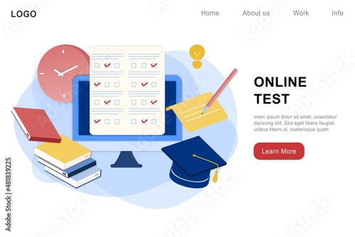 3D isometric landing page template of online examination on computer. Online test, opinion checklist, online education, questionnaire form, survey metaphor, answering internet quiz, computer testing.