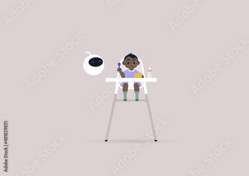 A toddler girl sitting in a kitchen baby chair, and a cute round robot hovering next to her, a lunchtime concept