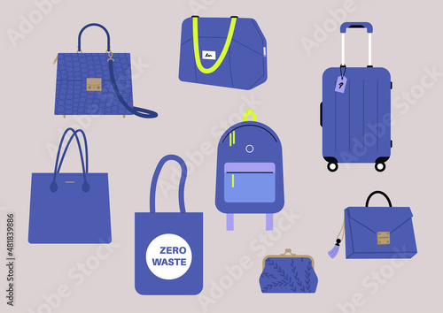 A set of blue bags of different size and style, casual and fancy, travel and sport