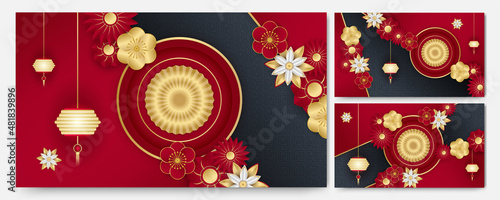 Red and gold happy chinese new year festival banner background design. Chinese china red and gold background with lantern, flower, tree, symbol, and pattern. Red and gold papercut chinese template