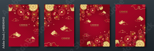 Red and gold happy chinese new year festival banner background design. Chinese china red and gold background with lantern, flower, tree, symbol, and pattern. Red and gold papercut chinese template