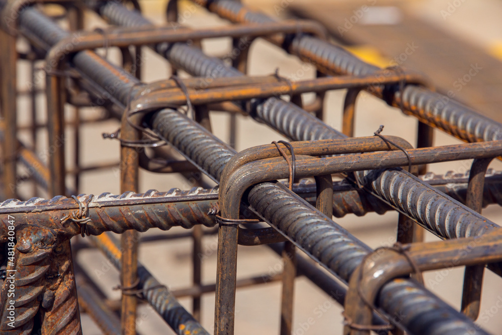 Assembly of reinforcing bars for pouring concrete. Steel rebar for reinforcement concrete at construction site.