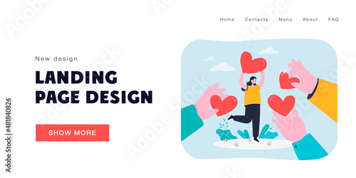 Hand giving hearts to happy woman isolated flat vector illustration. Cartoon metaphor of generosity as donation support and sharing love. Charity project, assistance and solidarity foundation concept