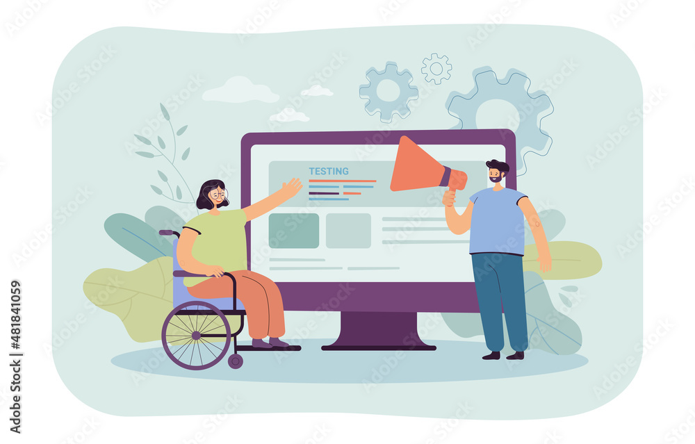 Woman on wheelchair near screen and man with loudspeaker. Woman with disability testing product flat vector illustration. Product development concept for banner, website design or landing web page Woman on wheelchair near screen and man with loudspeaker. Woman with disability testing product flat vector illustration. Product development concept for banner, website design or landing web page
