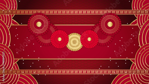 Red and gold happy chinese new year festival banner background design. Chinese china red and gold background with lantern, flower, tree, symbol, and pattern. Red and gold papercut chinese template