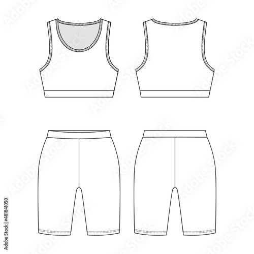 Fashion technical drawing of cycling shorts and crop top set