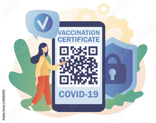Vaccination certificate in smartphone app. Vaccine passport. People health passport of vaccination for covid-19. Travel during Coronavirus pandemic. Modern flat cartoon style. Vector illustration 