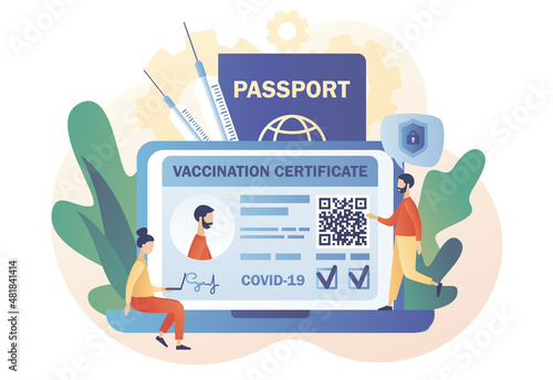 Vaccination certificate online. Vaccine passport. People health passport of vaccination for covid-19. Travel during Coronavirus pandemic. Modern flat cartoon style. Vector illustration 