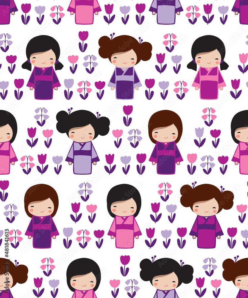 Cute spring seamless pattern with Japanese girl and flowers for textile, fabric manufacturing, wallpaper, covers, surface, print, gift wrap, scrapbooking. Vector. Cute spring seamless pattern with Japanese girl and flowers for textile, fabric manufacturing, wallpaper, covers, surface, print, gift wrap, scrapbooking. Vector.