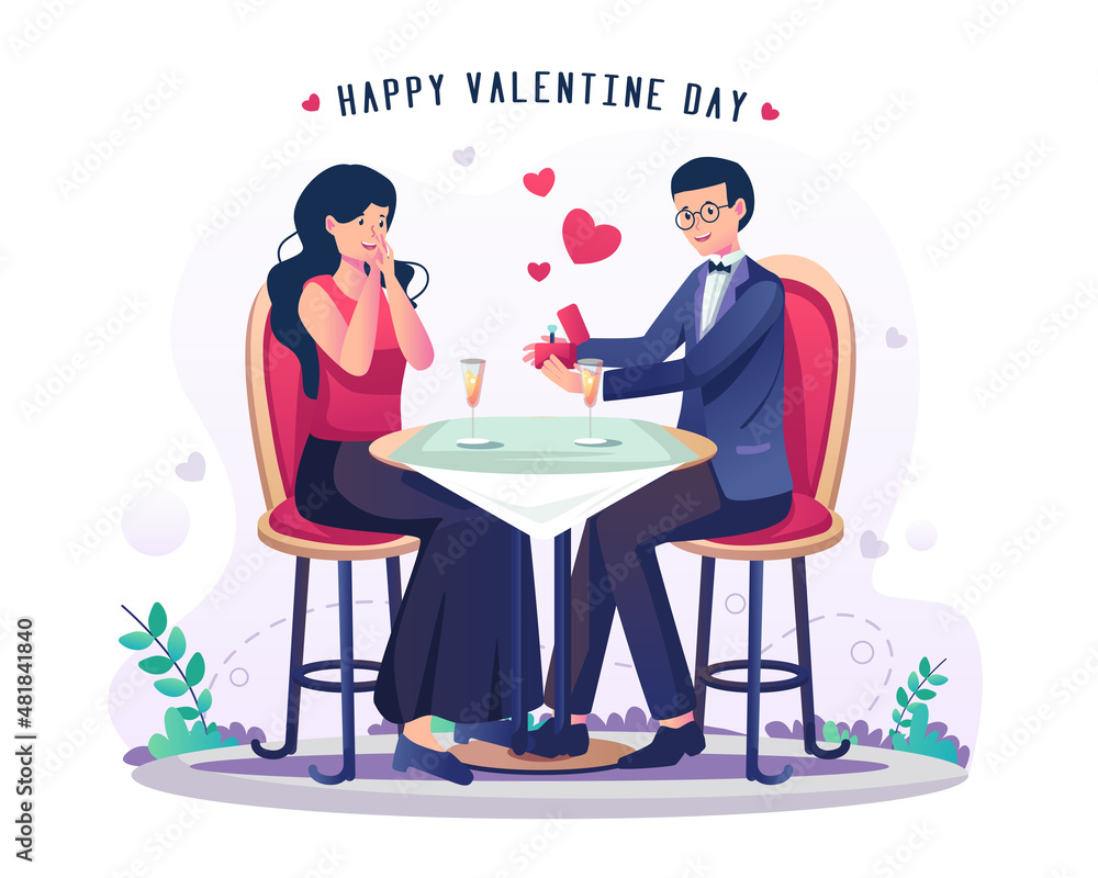 a young man giving an engagement ring in a little red box and making a proposal. a couple on a date and having dinner together on valentine's day. Flat style vector illustration