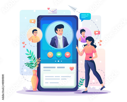 Online dating and social networking, virtual relationships concept with a girl is looking for a partner on an online dating app. Searching for a romantic relationship. Flat style vector illustration